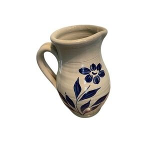 Hand Painted Pottery Pitcher Vase Beige Blue Flower Design‎ Farmhouse Decor